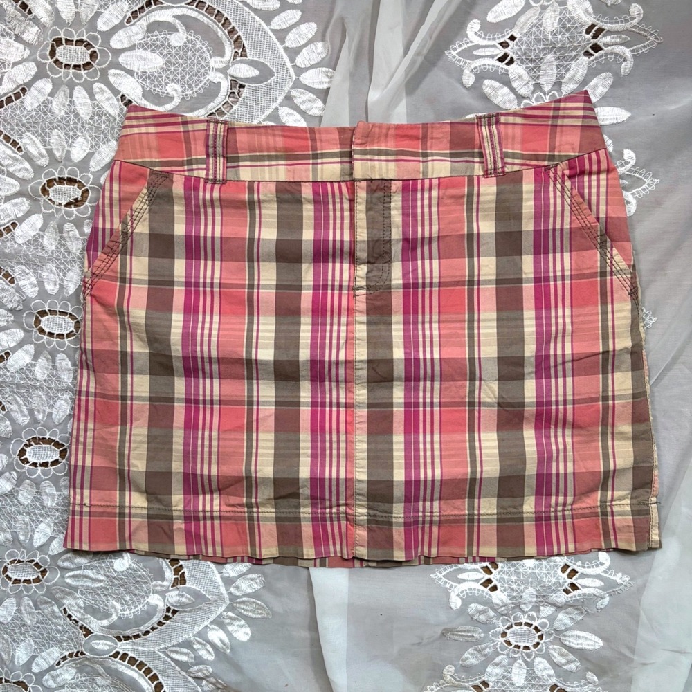 Y2K Fall Picnic Pink Brown Plaid Mini Skirt Womens 12 Cotton Blend Pockets
